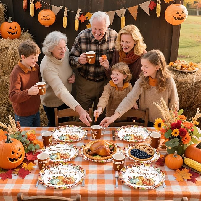 Grencian 50Pcs Thanksgiving Oval Paper Plates 12" X 10" Large Heavy Duty Disposable Fall Pumpkin Flowers Plates Autumn Give Thanks Platter for Fall Harvest Holiday Thanksgiving Party Decorations
