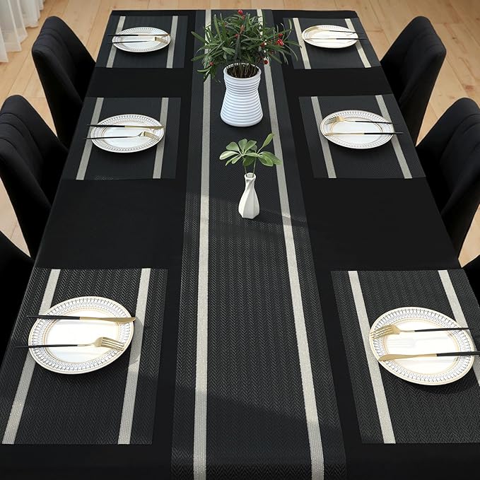 FAVE Placemats Set of 12 Black Placemats Woven with Golden Thread Heat Resistant 12 Vinly Place Mats for Wedding, Banquet, Birthday, Party, Restaurant (Black, 12"x18"-12PCS)