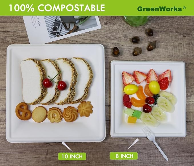 GreenWorks 8 inch and 10 inch Compostable Plates (each 50 Count), 100 Count Bagasse and Bamboo Fiber Disposable Paper Plates