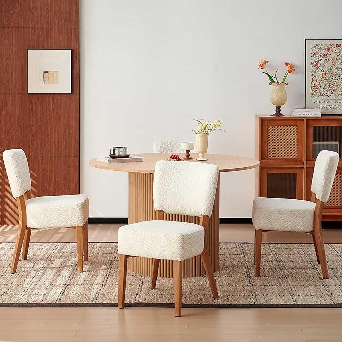 Howtek 5-Piece Modern Dining Room Set, 47" Round Dining Table and 4 Space-Saving Upholstered Stackable Dining Chairs, Kitchen Table and Chairs Set for Home, Kitchen, Living Room (Oak/White)