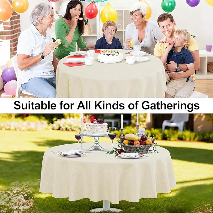 JIUZHEN Round Table Cloth Faux Linen Farmhouse Tablecloth Wrinkle and Stain Resistant Decorative Fabric Table Cover for Kitchen, Dining Room, Parties and Camping, Champagne, 90 Inch Round