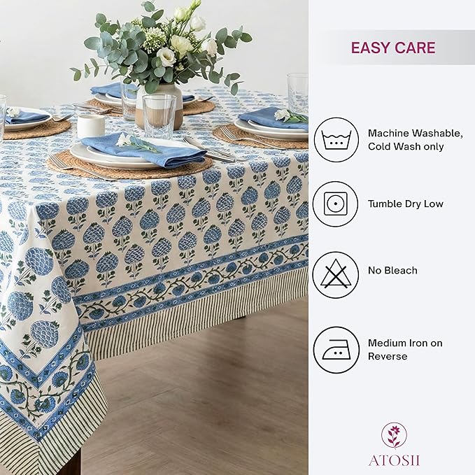 ATOSII Roma Blue 100% Cotton Boho Rectangle Fall Tablecloth, Handblock Floral Print Table Cloth Linen for Kitchen Dining I Parties Outdoors Weddings Holidays I Decor 72 X 108 Inches I 8 Seater