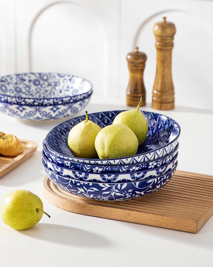 vancasso 50 oz Large Pasta Bowls Set of 6, Porcelain Serving Bowls, 9.5 Inch Wide Shallow Salad & Soup Bowls, Kitchen Pasta Plates, Microwave and Dishwasher Safe, Blue White Floral Design