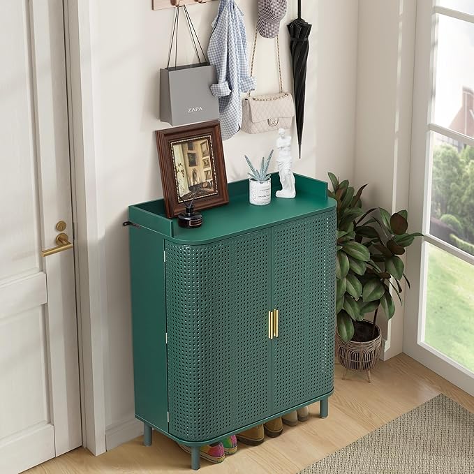ORRD Shoe Cabinet, 5 Tier Boho Wooden Shoe Storage Organizer Cabinet with Adjustable Shelves, Shoes Rack with Iron Rattan Curved Doors Accent Cabinet for Entryway Hallway Living Room, Green