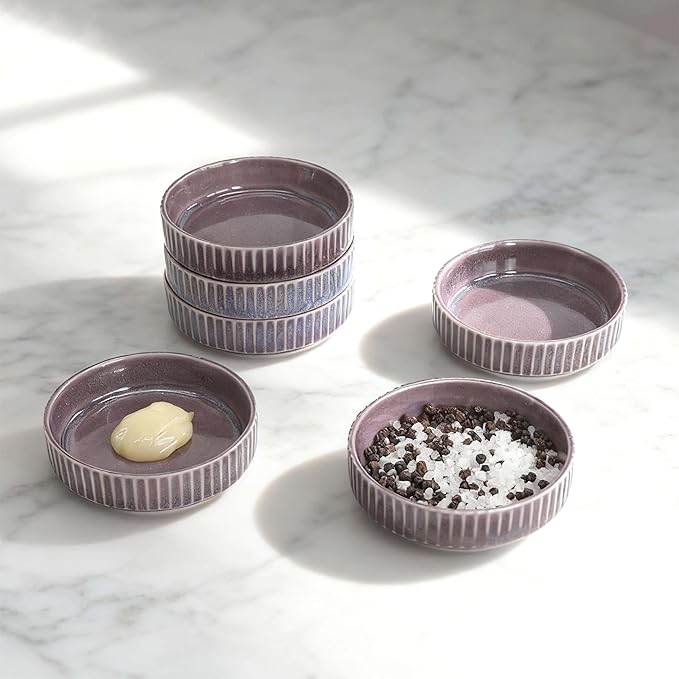Ceramic Dipping Bowls Set of 6, 4oz Sauce Dishes, 3.74 Inch Diameter, Oxford White with Vertical Texture, Stackable & Dishwasher Safe (Purple)