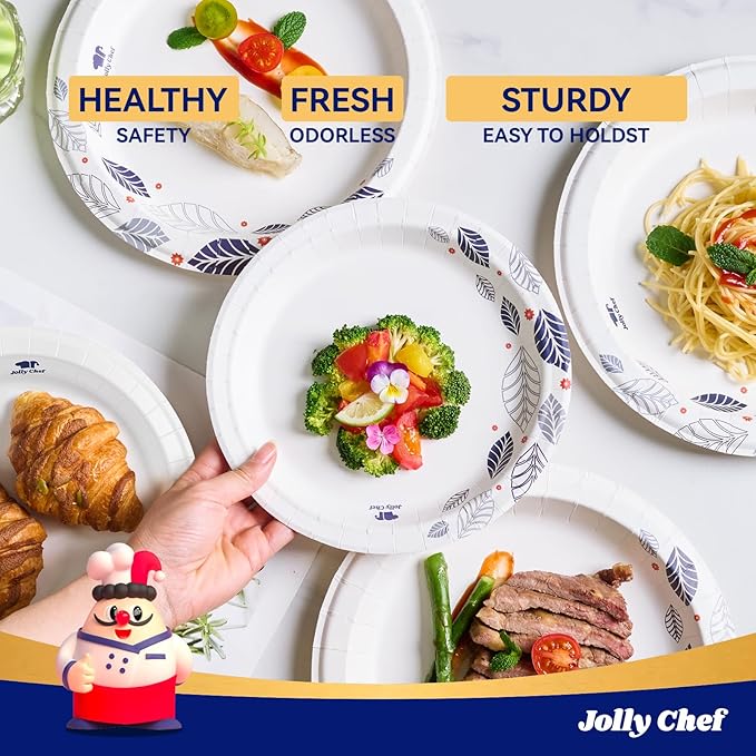 JOLLY CHEF 280 Count Paper Plates 8 inch Soak Proof, Cut Proof, Heavy Duty Leaf Printed Disposable Paper Plates for Everyday Use