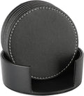 Leather Coasters for Drinks(6 Pack), Handmade Durable Drink Coasters Set with Holder for Tabletop Protection, Luxurious Home Décor and Housewarming Gift (Black)