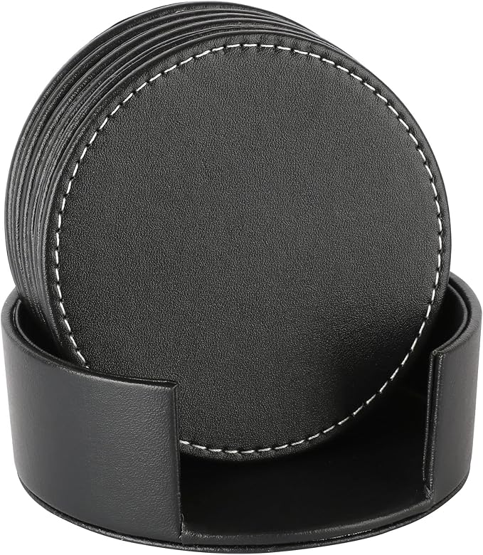 Leather Coasters for Drinks(6 Pack), Handmade Durable Drink Coasters Set with Holder for Tabletop Protection, Luxurious Home Décor and Housewarming Gift (Black)