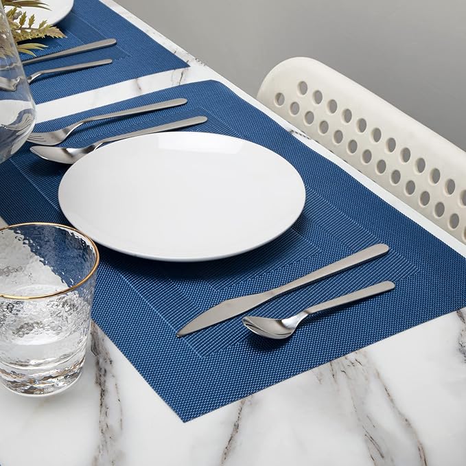 Winknowl Placemats Set of 4, Washable Vinyl Woven Placemats, Heat Resistant & Wipeable Table Mats for Kitchen Dining Table (Navy Blue)