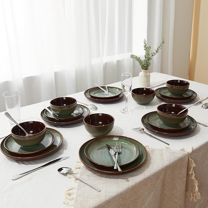 24 Piece Double Bowl Dinnerware Sets with Pasta Bowls, Highly Chip and Crack Resistant Plates and Bowls Sets, Natural Earthyware Ceramic Dishware Sets, Service for 6 Sage Green