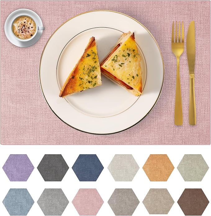 Faux Leather Placemats Set of 8 Washable PU Table mats for Kitchen Table - Heat Resistant, Waterproof, Easy Clean, Anti Slip 11.8" x 17" (Pink-8 Pack)