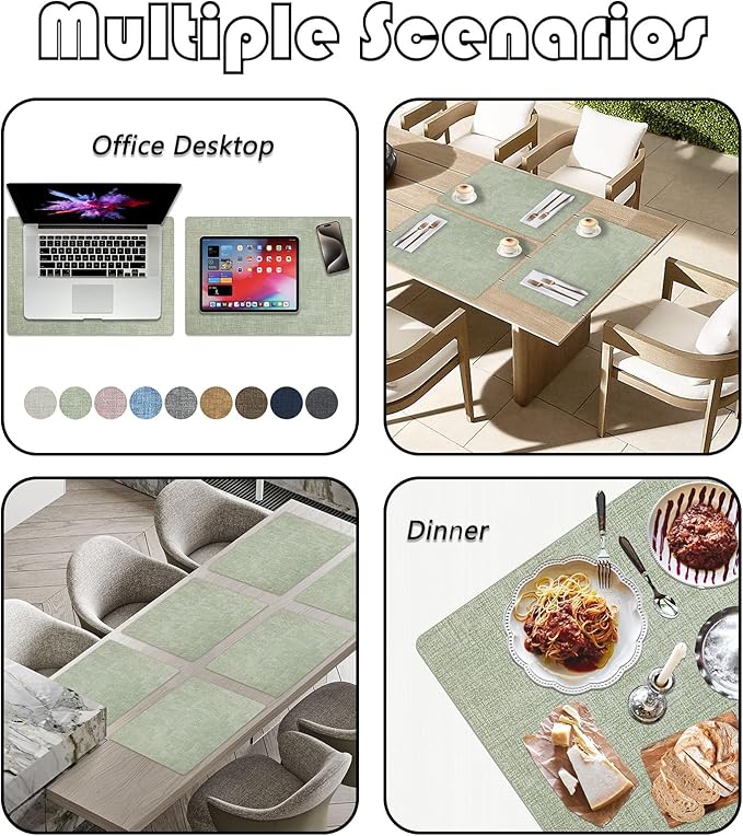 Placemats Set of 6 Faux Leather Heat Resistant Tables Mats Waterproof Oilproof Wipeable Reversible Anti-Slip Place Mats for Kitchen/Dining/Party/Outdoor 11.8" x 16.9", Light Green