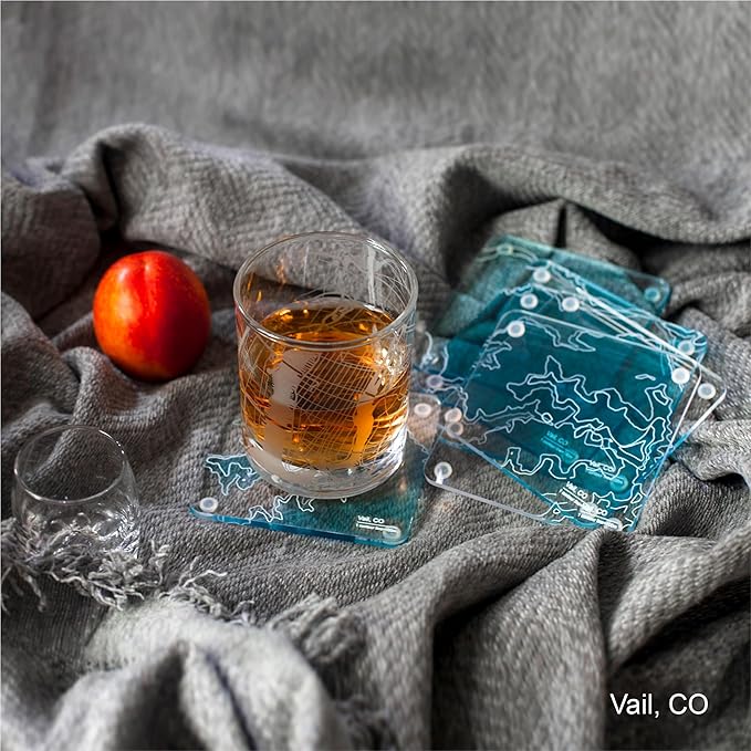Alta, Utah 3D Contour Map Glass Drink Coasters of Mountains, Ski Resort, Set of 6 with Holder, Housewarming Birthday Gifts, Home Décor