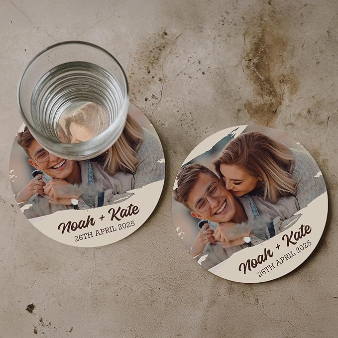 100 Pack Personalized Wedding Coasters, Custom Cardboard Coasters for Drinks with Photo Print and Text, Keepsake Wedding Favors and Gifts for Couples, 3.95" Round (Design 6)