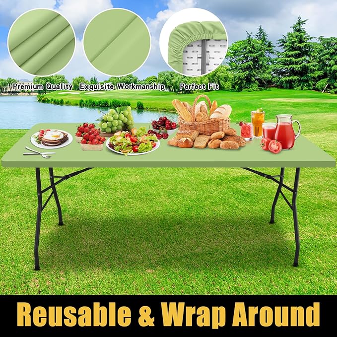 Smiry Rectangle Picnic Table Cloth, Waterproof Elastic Fitted Tablecloths for 6 Foot Tables, Washable Polyester Table Cover for Camping, Indoor and Outdoor (Sage Green, 30"x72")
