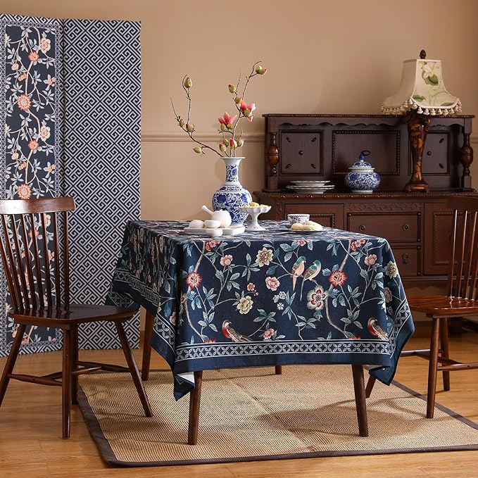 patdrea Designer Vintage Dark Blue Linen Square Tablecloth,Navy French Floral and Birds Pattern Table Cloth,Decoration Table Cover for Kitchen,Dining,Tea Party,Home,Christmas,55"*55"