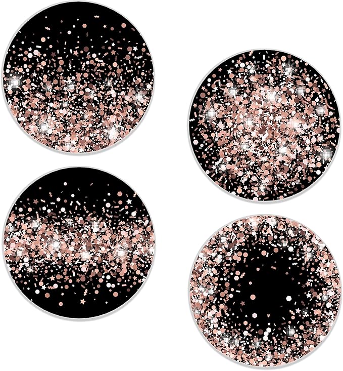 Drinks Coasters Set of 4, Sparkling Rose Gold Glitter Round 4" Cup Coasters, Absorbent Ceramic Stone Coasters with Cork Base, Cute Coasters for Table Home Décor, Ideal Gifts for Women Men