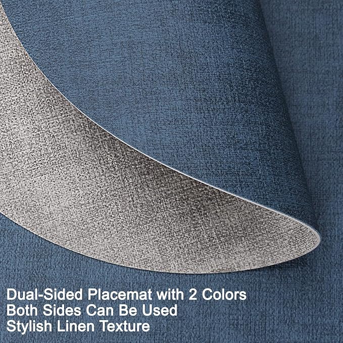 Myir JUN Reversible Vinyl Round Placemats Set of 6, Faux Leather Place Mats Dual Sided Waterproof Wipeable, Heat-Resistant Table Mats for Kitchen Dining Indoor Outdoor (14", Light Gray Navy Blue)