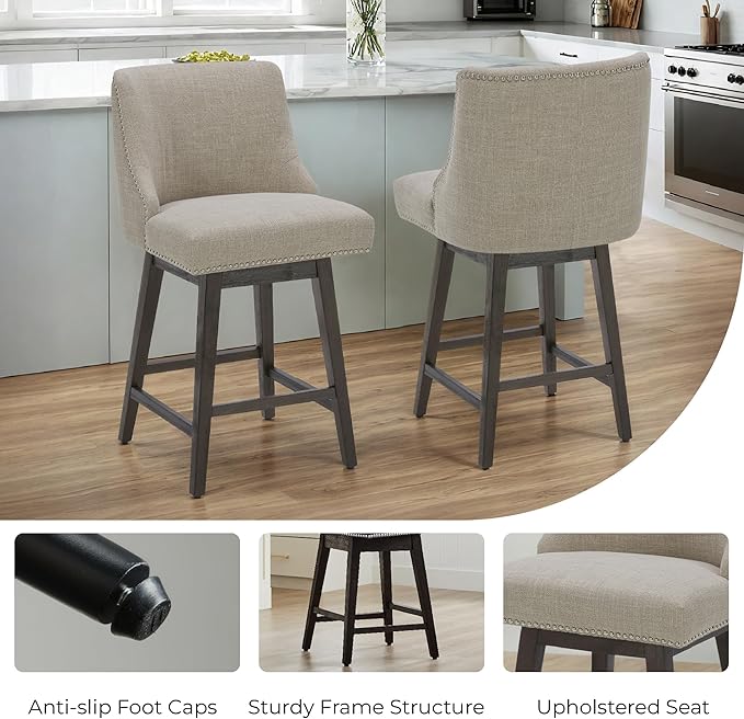 CHITA Counter Height Swivel Bar Stools Set of 4, FSC Certified Upholstered Counter Stools, Modern Swivel Barstools with Wood Legs for Kitchen Island, 26" Seat Height, Fabric in Tan