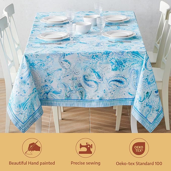 Maison d' Hermine Premium Table Cloth Rectangle Table 100% Combed Cotton 90 x 70 Inches Tablecloth Reusable Decorative for Dining Room, Farmhouse, Home, Party, Festive & Wedding - Paisley Blues