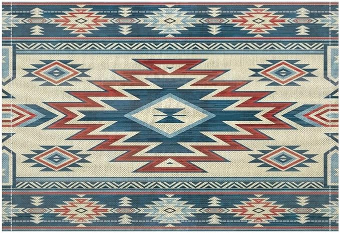 Ethnic Aztec Placemat Set, Vintage Bohemian Rustic Farmhouse Blue Red Mystic Native Tribal Geometric Totem Pattern Home Decor Linen Table Mats for Dining Room Kitchen Party (17x12in) x2P