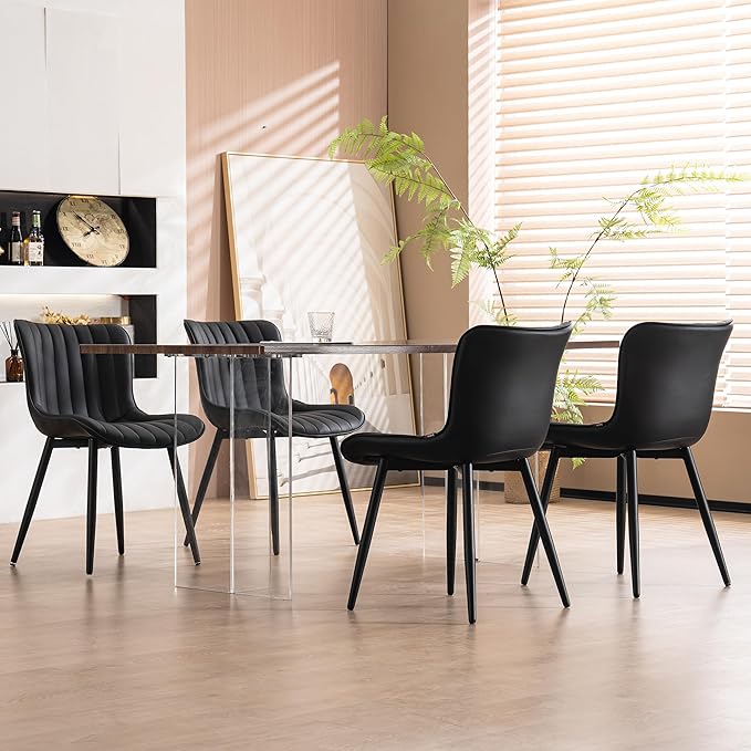 YOUNUOKE Black Dining Chairs Set of 2, Faux Leather Upholstered Kitchen & Dining Room Chairs with Back, Mid Century Modern Minimalist Accent Chair Armless for Guest Reception Waiting Living Room