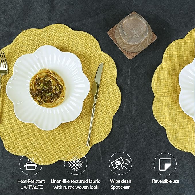 AHHFSMEI Round Faux Linen Placemats Set of 6 Waterproof Table Mats Heat Resistant Non-Slip and Stain Proof for Kitchen Dining Elegant Decor(Yellow,6)