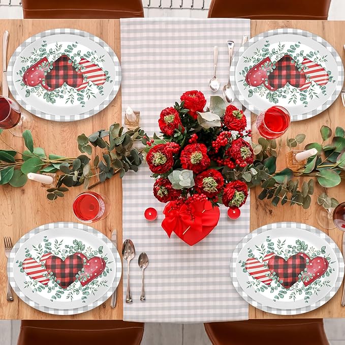CHUNNIN 50Pcs Valentine's Day Party Supplies Valentines Party Oval Paper Plates 11.6 x 9.5in Eucalyptus Love Heart Disposable Tableware for Valentine's Day Anniversary Birthday Wedding Party Decor