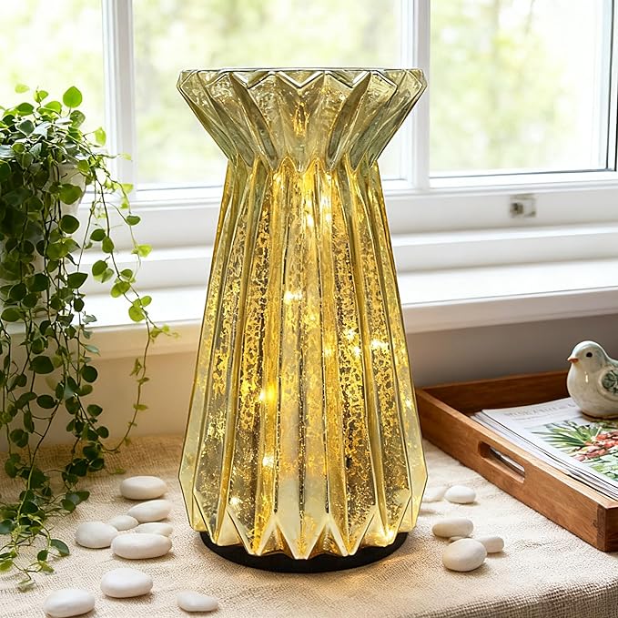 Home Decor, Mercury Glass Pillar Candle Pedestal Holders with 10 Led Lights, Lighted up Candle Holder for Pillar Candle, Candlestick Holders with Timer for Wedding Home Dining Table Xmas (Gold)