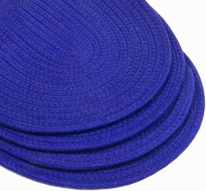 Braided Placemats Set of 4 Cotton Fabric Oval Table Mats Non Slip Washable 16 * 12 inch Oval Place Mats, 4 Pack Blue Rope Woven Placemats