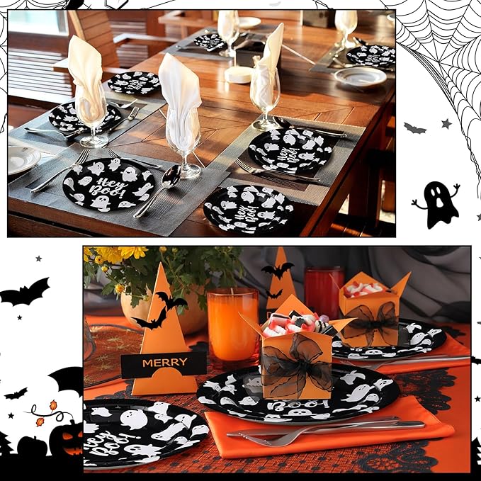 48 Pcs Halloween Hey Boo Paper Plates Set Include 9 Inch Ghost Disposable Dinner Plates 7 Inch Scary Dessert Plate Tableware for Halloween Birthday Party Supplies