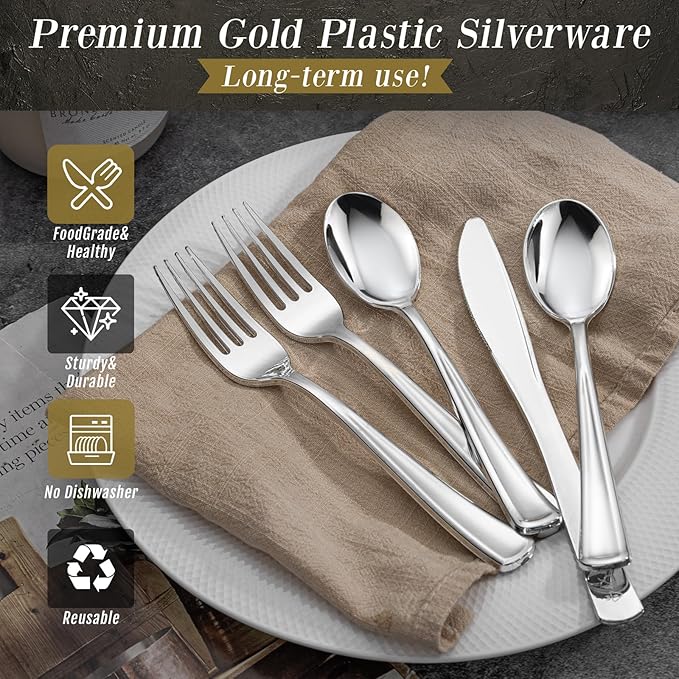 WDF 500PCS Silver Plastic Silverware - Plastic Silver Utensils - 250 Forks 125 Spoons 125 Knives - Heavy Duty Disposable Silverware Sets for Parties Wedding Valentine's Day