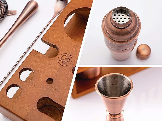 Mint & Mortar Cocktail Shaker Set, 7-Piece Bartender Kit with Stand, 24oz Martini Shaker Bottle Stainless Steel Bar Tools, Home Bar Accessories Drink Mixer, Barware Gift Set - Brushed Copper