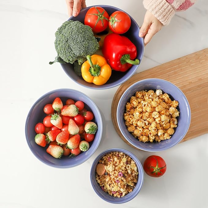 HASENSE Porcelain Mixing Bowls Set, Large Serving Dishes for Entertaining, 2.1/1.5/1.0/0.5 Qt Nesting Serving Bowls for Cooking Salad Baking Popcorn, Dishwasher Microwave Safe, Set of 4, Purple