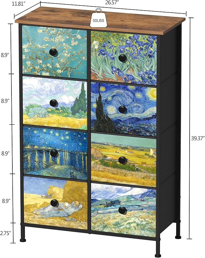 EXOTICA Tall Dresser with 8 Drawer for Bedroom Narrow Van Gogh Chest of Drawers for Hallway Closet Living Room Steel Frame Rustic Brown Wood Grain Wood Top