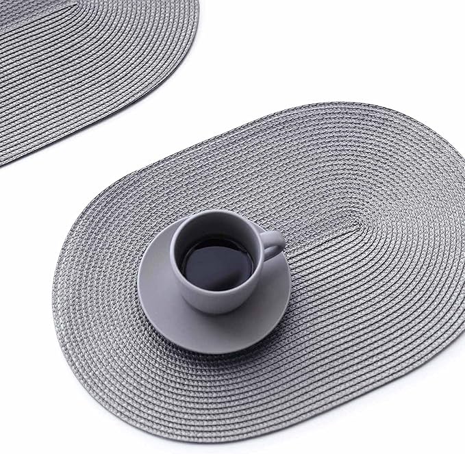 FunWheat Oval Braided Placemats Set of 6 Table Mats for Dining Tables Washable Heat Resistant Place Mats for Indoor Outdoor Use 12 x18 Inch(Oval Light Grey, 6pcs)