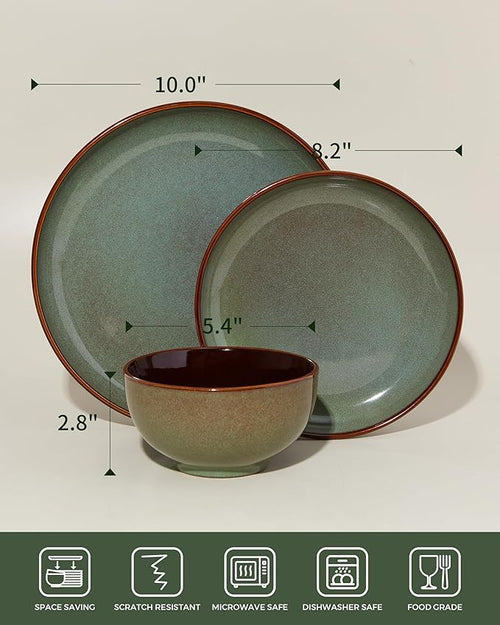 36 Piece Stoneware Dinnerware Sets, Ceramic Plates and Bowls Set, Microwave & Dishwasher Safe Kitchen Dish Set, Modern Dinner Salad Plates | Cereal Bowls for 12, Dishware Sets Sage Green