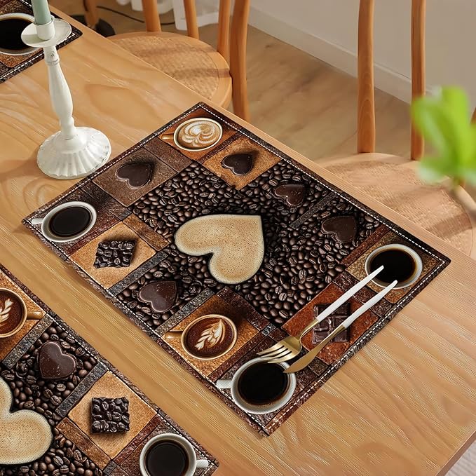 Coffee Placemats Set of 6, Cafe Table Mats, Washable Place Mats for Coffee Bar Home Party Indoor Kitchen Dining Table Decoration 12x18 Inch