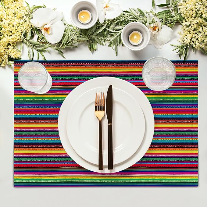 Mexican Placemats Set of 4 - Colorful Stripes Place Mats 12x18 Fiesta Tablemats Table Mats for Party Kitchen Dining