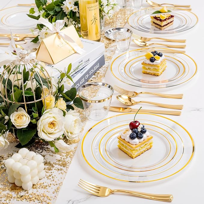 bUCLA 600PCS Clear Plates with Gold Trim - Clear Gold Dinnerware Set Disposable Include 100 Dinner/100 Dessert Plates, 100 Knives, 100 Forks, 100 Spoons, 100 Cups for Wedding, Party