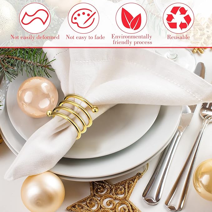 Moxweyeni 50 Pcs Gold Napkin Rings Metal Spiral Napkin Rings Round Napkin Holders Buckles DIY Cloth Napkin Holder for Christmas Thanksgiving Wedding Receptions Banquet Tables Party Decor