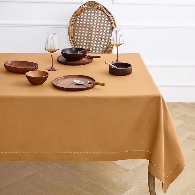 Solino Home Square Linen Tablecloth 52 x 52 Inch - 100% Pure Linen Brown Sugar Table Throw - Classic Hemstitch, Machine Washable Table Cloth