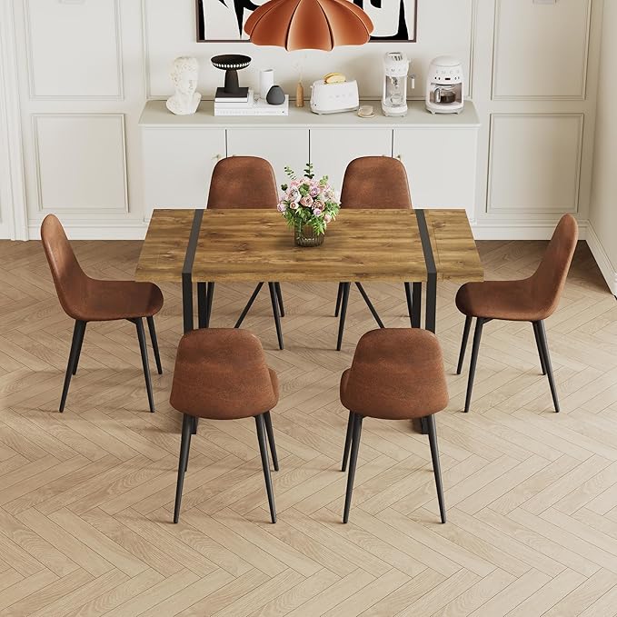Dining Table Set for 6, Modern 55'' Dark Wood Dining Table and Fabric Dining Chairs Set of 6,Table and Chairs Set of 6,Ideal for Kitchen Dining Room