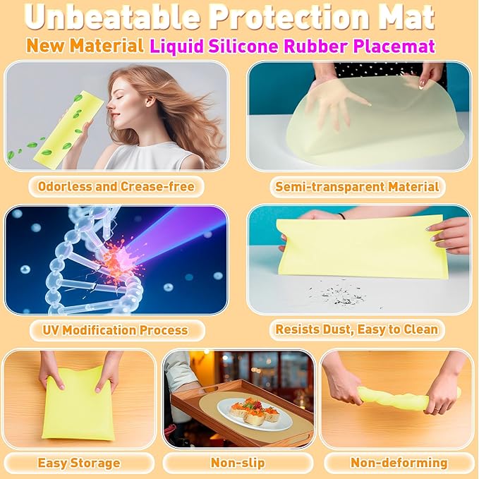 Oval Silicone Placemat Set of 4,Heat Resistant Placemats, Silicone Table Mats,Non-Slip Dining Mat for Home,Waterproof Easy Clean Kids Placemats,17"x12" Ultra-Thin Translucent (4Pcs, Yellow)