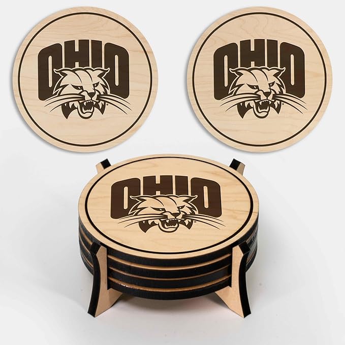 LazerEdge Ohio Bobcats Wooden Coaster Set - Maple Wood - Officially Licensed Product - 4-Pack