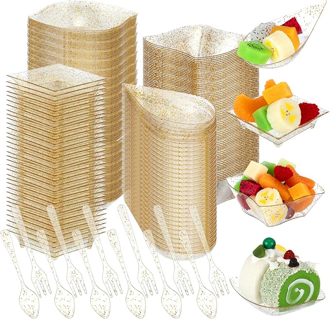 Tessco 800 Pcs Mini Appetizer Plates Set Including 400 Disposable Dessert Plates Assorted Shape 200 Mini Plastic Forks 200 Plastic Spoons for Party(Clear, Gold,Glitter)
