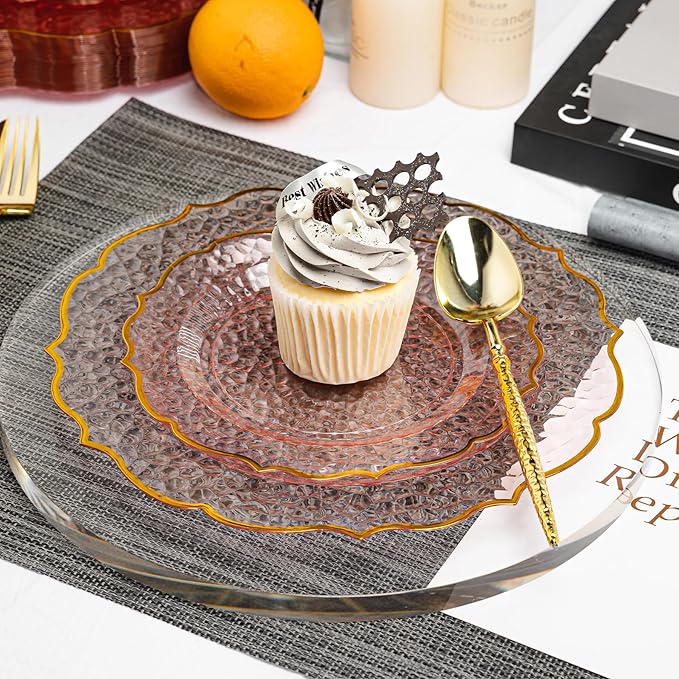 N9R 120 Clear and Pink Plastic Plates, Pink Disposable Plate with Gold Rim, Stone Texture Plate, Include 120 Dinner & Dessert Plates for Wedding, Party