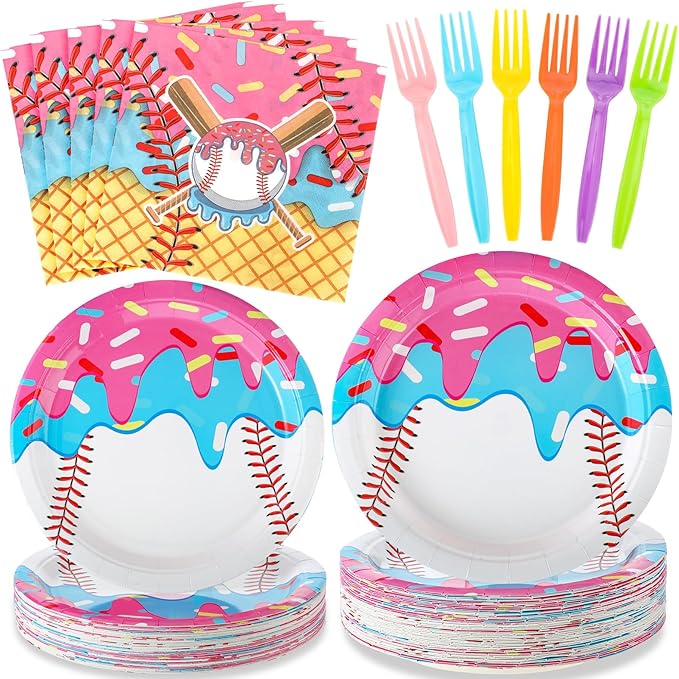 Yungyan 48 Sets Ice Cream Drip Baseball Birthday Party Decorations Ice Cream Drip Baseball Paper Plates and Napkins Forks Disposable Summer Sports Party Supplies Baby Shower Tableware Set for Women