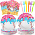 Yungyan 48 Sets Ice Cream Drip Baseball Birthday Party Decorations Ice Cream Drip Baseball Paper Plates and Napkins Forks Disposable Summer Sports Party Supplies Baby Shower Tableware Set for Women
