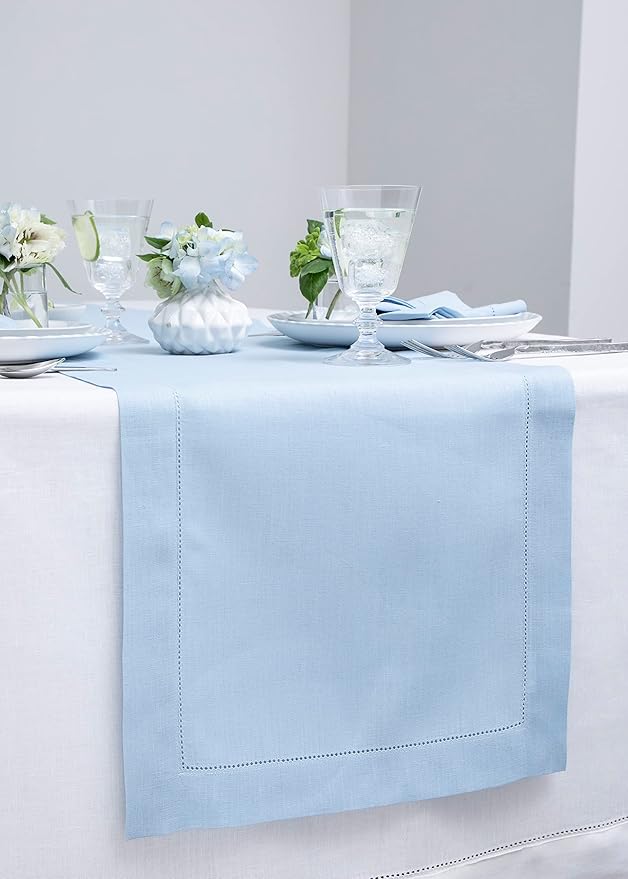 Solino Home Linen Sky Blue Table Runner 48 Inches - Classic Hemstitch, 100% Pure Linen Coffee Table Runner 14 x 48 Inch Ideal for Dresser Tables - Spring, Easter